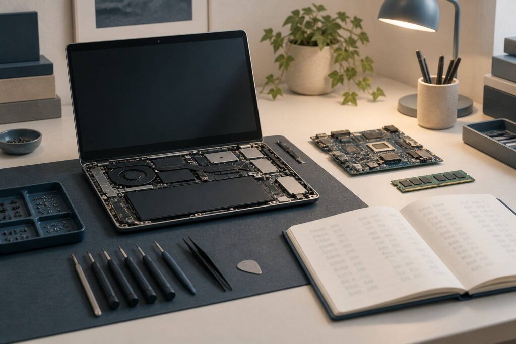 Atelier informatique avec ordinateur ouvert, outils fins et carnet de chiffres