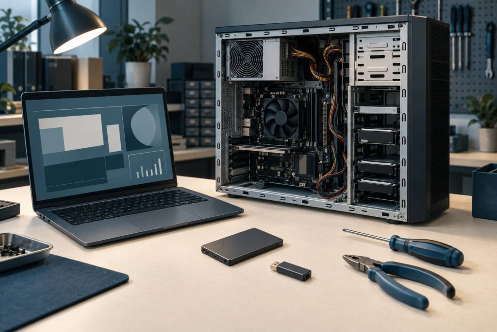 Atelier informatique avec unité centrale ouverte et outils de dépannage