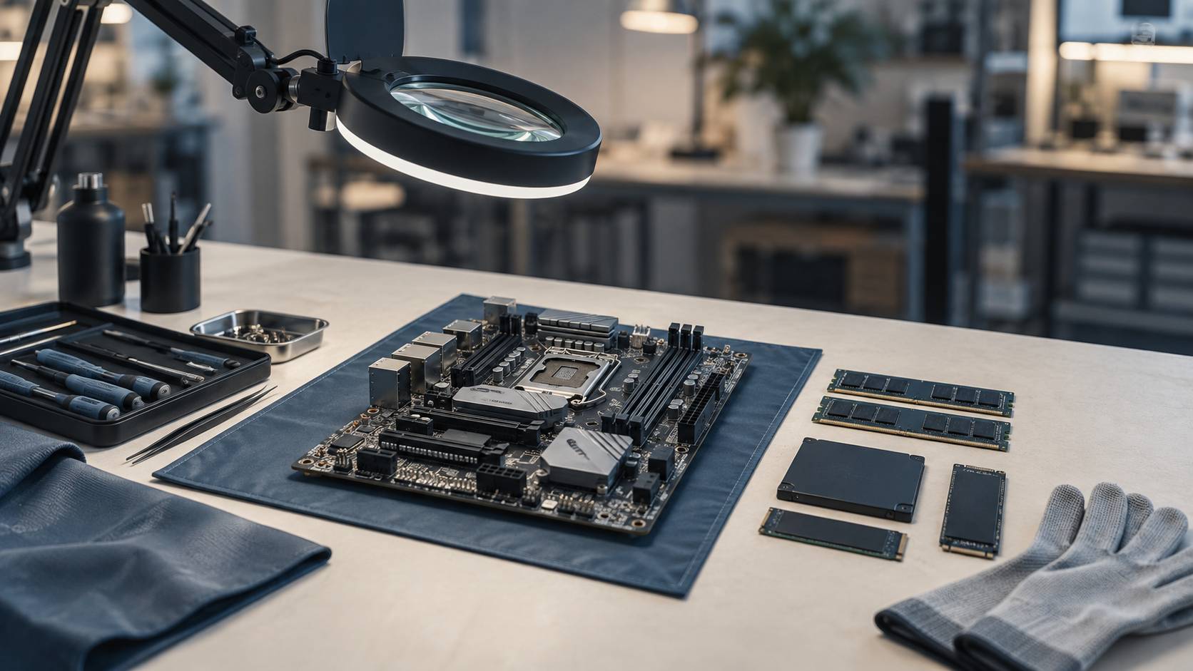 Atelier de réparation informatique avec ordinateur portable ouvert et outils de précision