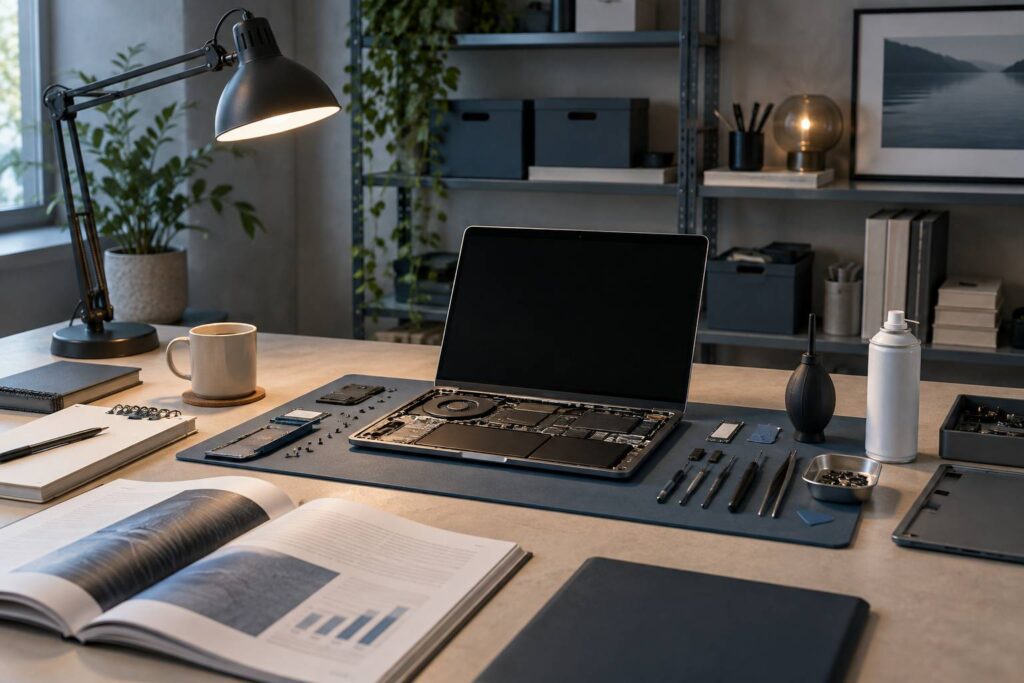 Atelier de réparation informatique avec ordinateur portable ouvert et outils de précision