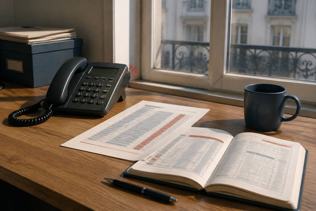 Téléphone fixe et liste d'opposition aux appels floutée sur un bureau