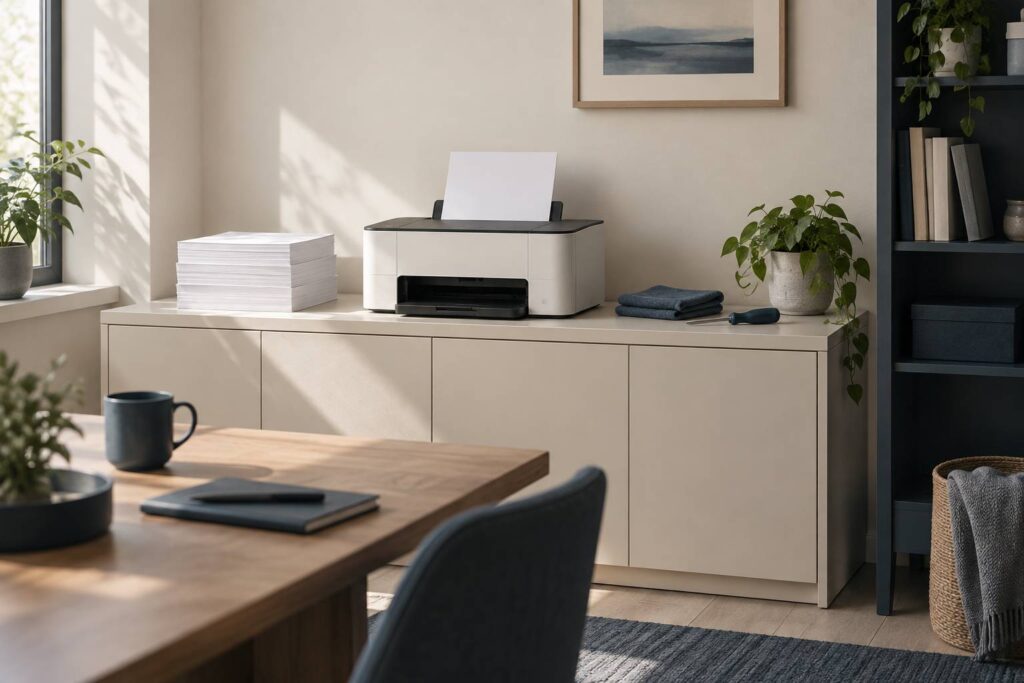 Imprimante de bureau et ramettes sur un meuble dans un bureau