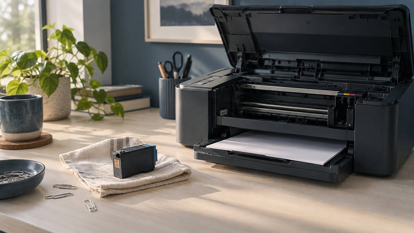 Imprimante de bureau ouverte avec cartouche extraite