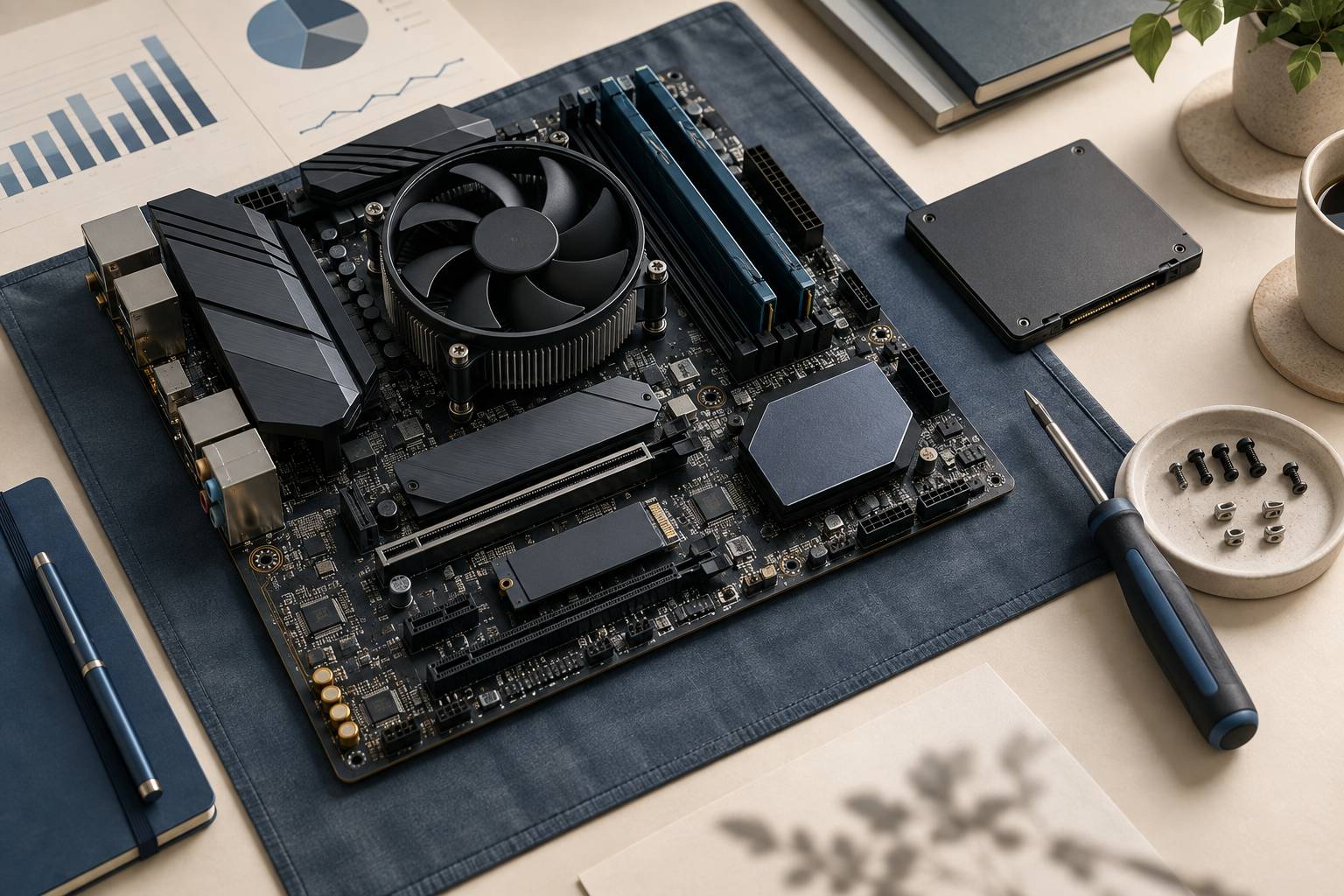 Détail d'une carte mère d'ordinateur avec SSD et tournevis