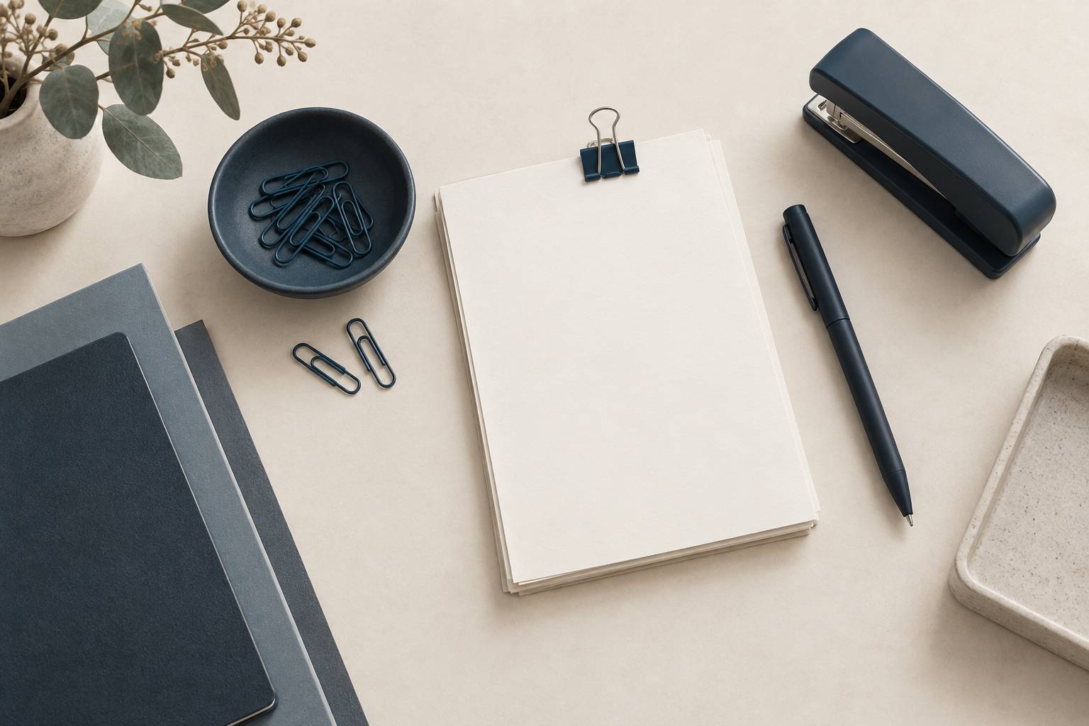 Trombones, agrafeuse et stylo sur un plan de travail de bureau