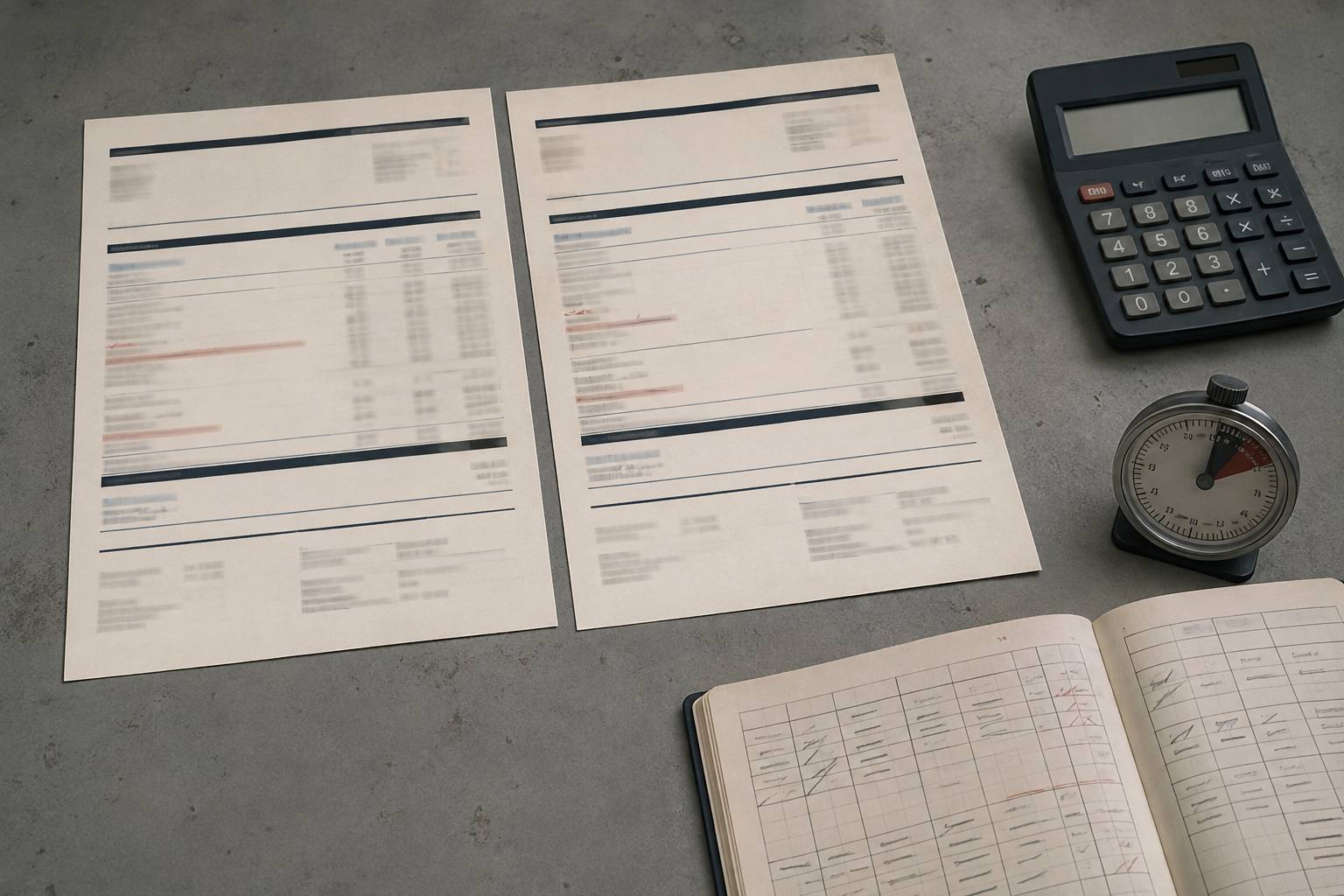 Table de technicien avec devis génériques floutés, calculette et chronomètre pour comparer les tarifs