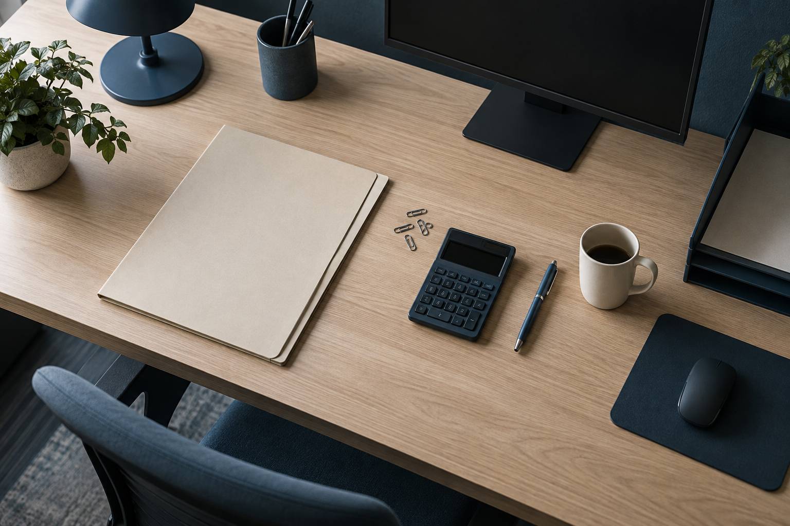 Bureau range avec chemise fermee et materiel de bureau