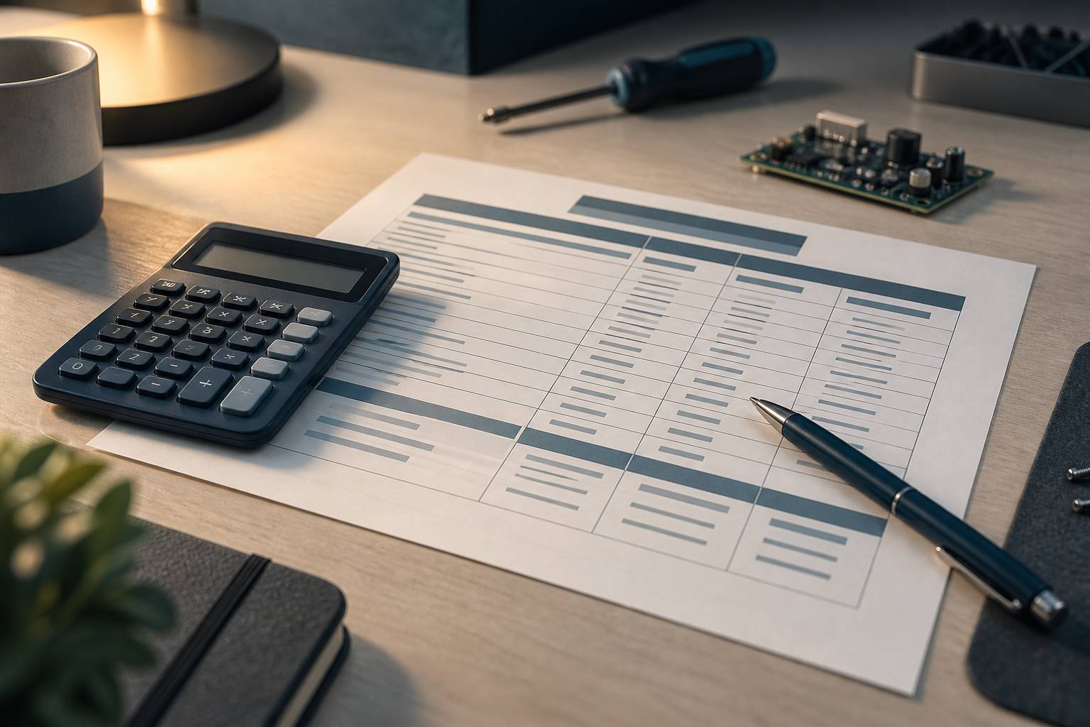 Grille tarifaire imprimée avec calculatrice et stylo sur un bureau clair