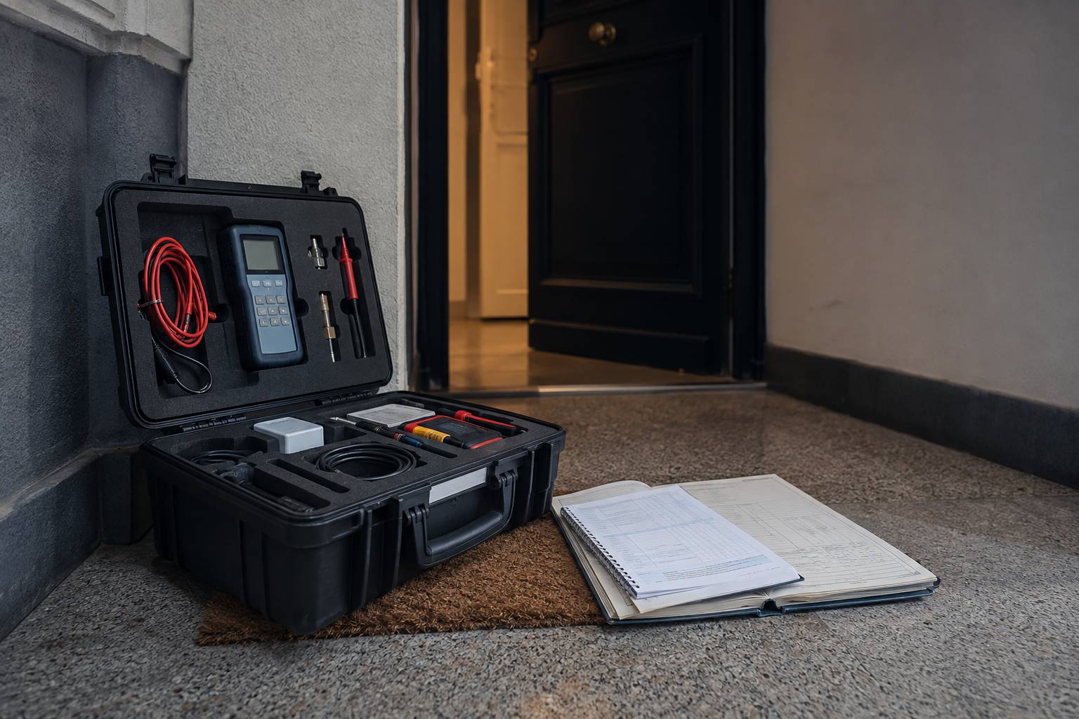 Valise d'outils de technicien ouverte devant une porte d'entrée pour un dépannage à domicile