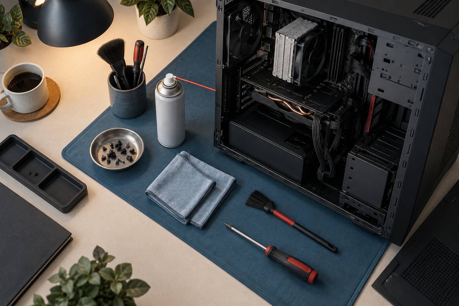 Poste de maintenance avec vis rangees et accessoires de nettoyage