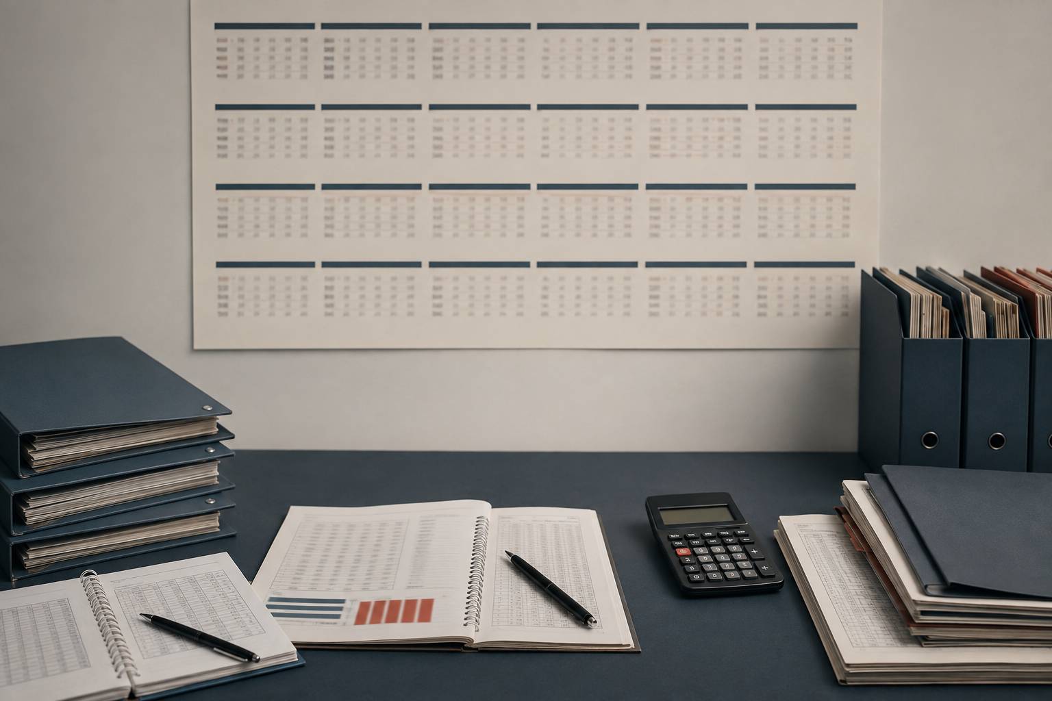 Calendrier aux années floutées avec chemises de justificatifs classées par année