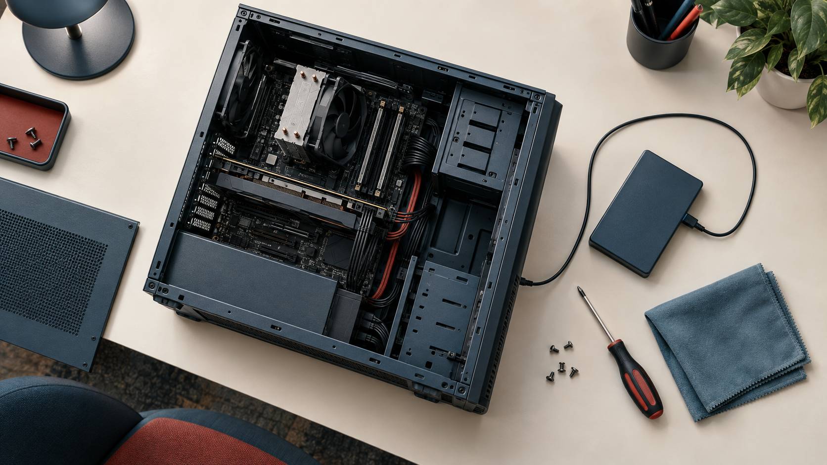 Unite centrale ouverte et disque dur externe sur un poste de travail