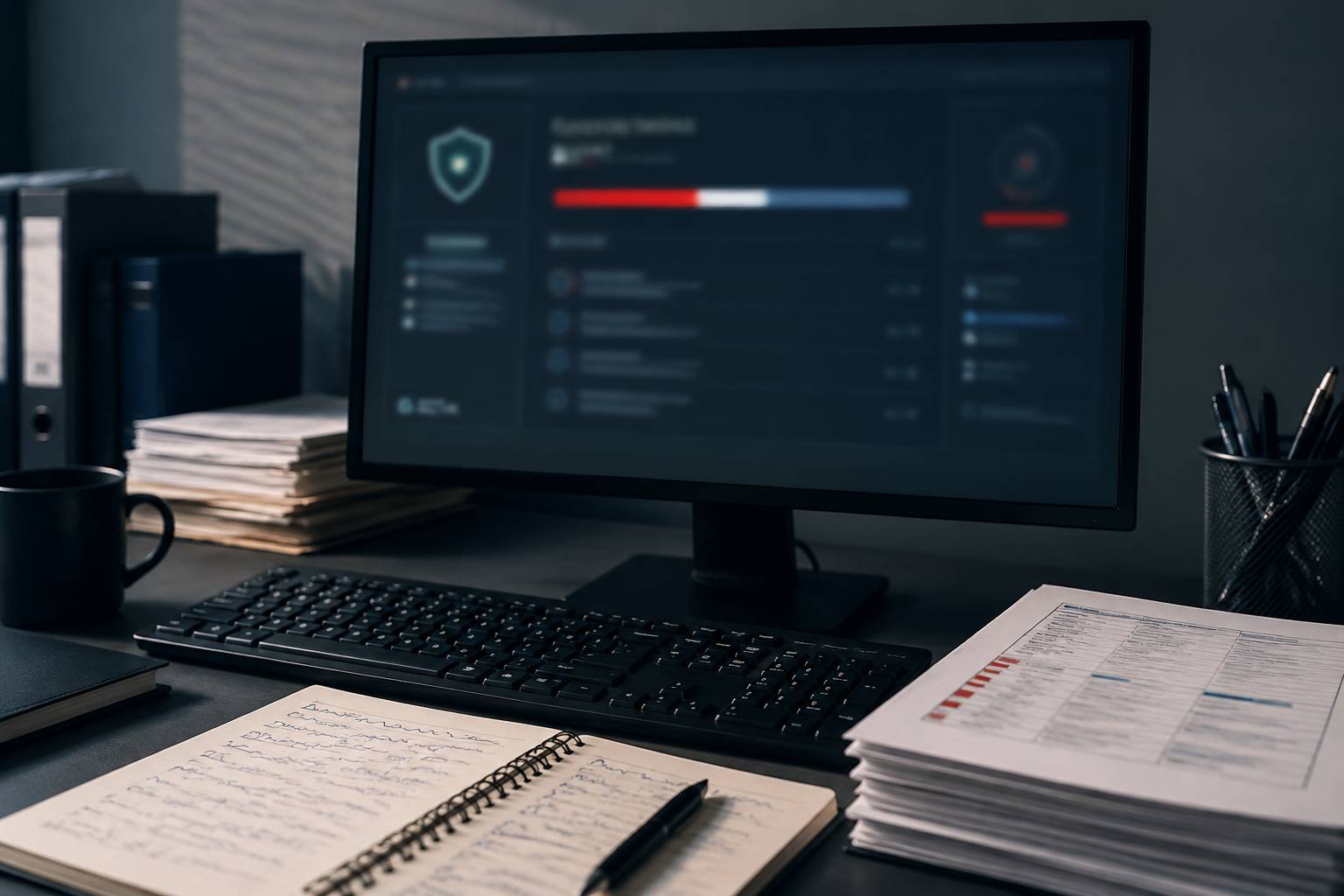 Barre de progression de scan antivirus floutée avec clavier et bloc-notes