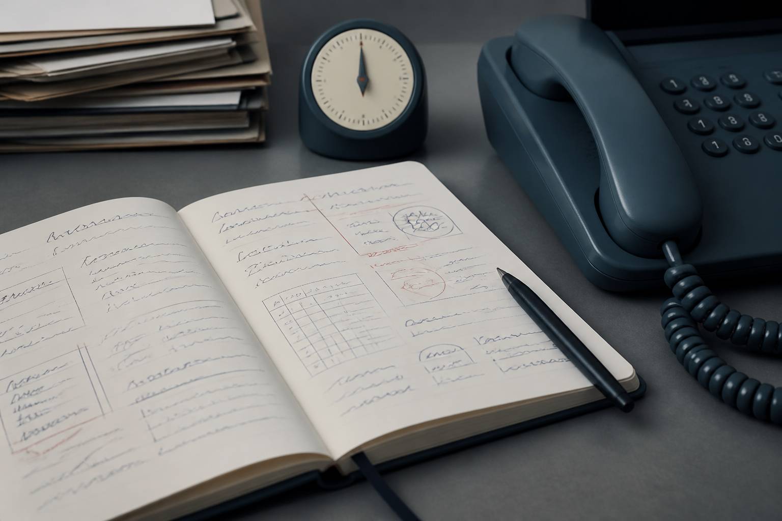 Bloc-notes de script d'appel illisible avec téléphone et minuteur sur un bureau