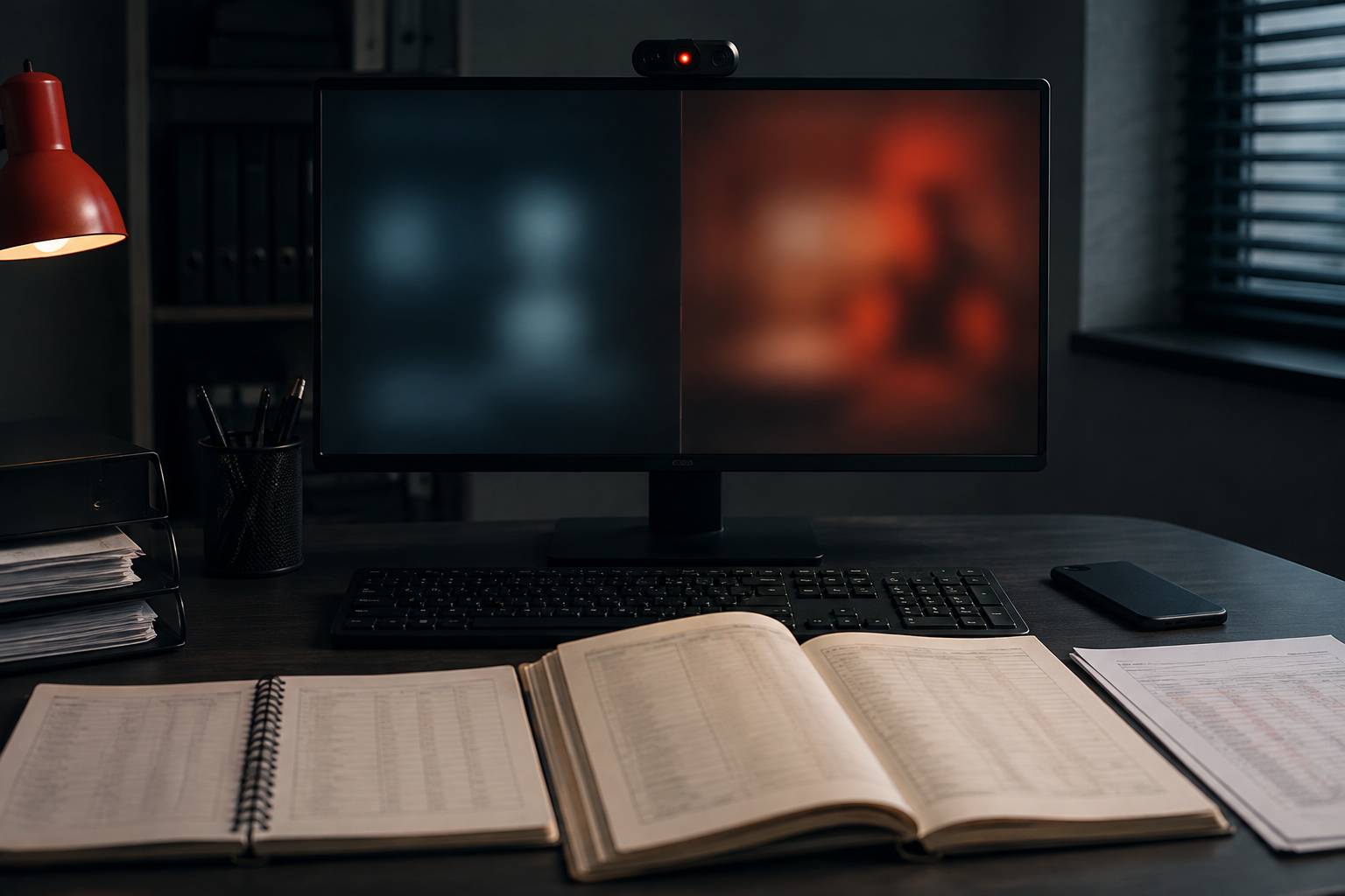 Écran flouté avec voyant rouge de caméra et téléphone posé près du clavier