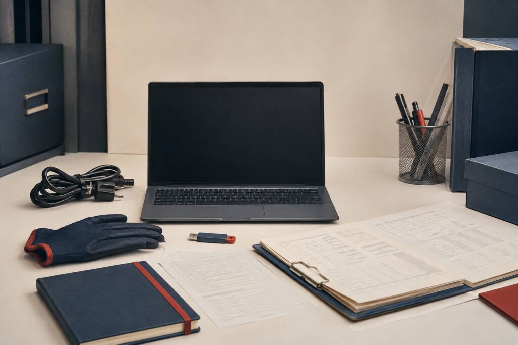 Ordinateur portable débranché avec clé USB de diagnostic et carnet sur une table