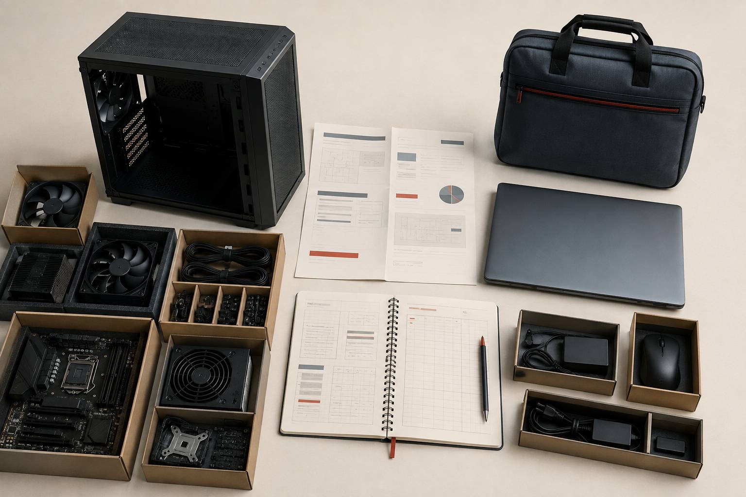 Tour à monter et ordinateur portable avec notices sur un bureau