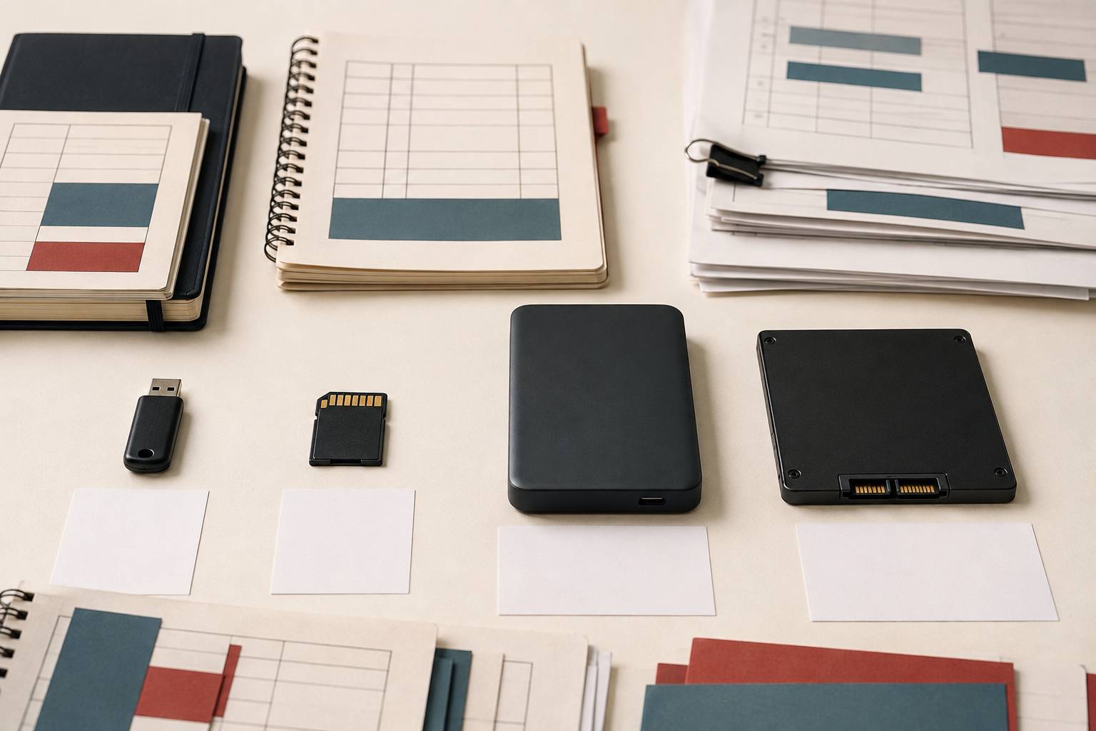 Clé USB, carte mémoire, disque dur et SSD alignés sur des étiquettes vierges pour comparer les prix
