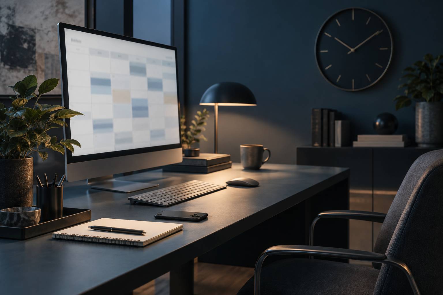 Poste informatique avec écran flou, calepin et téléphone sur un bureau