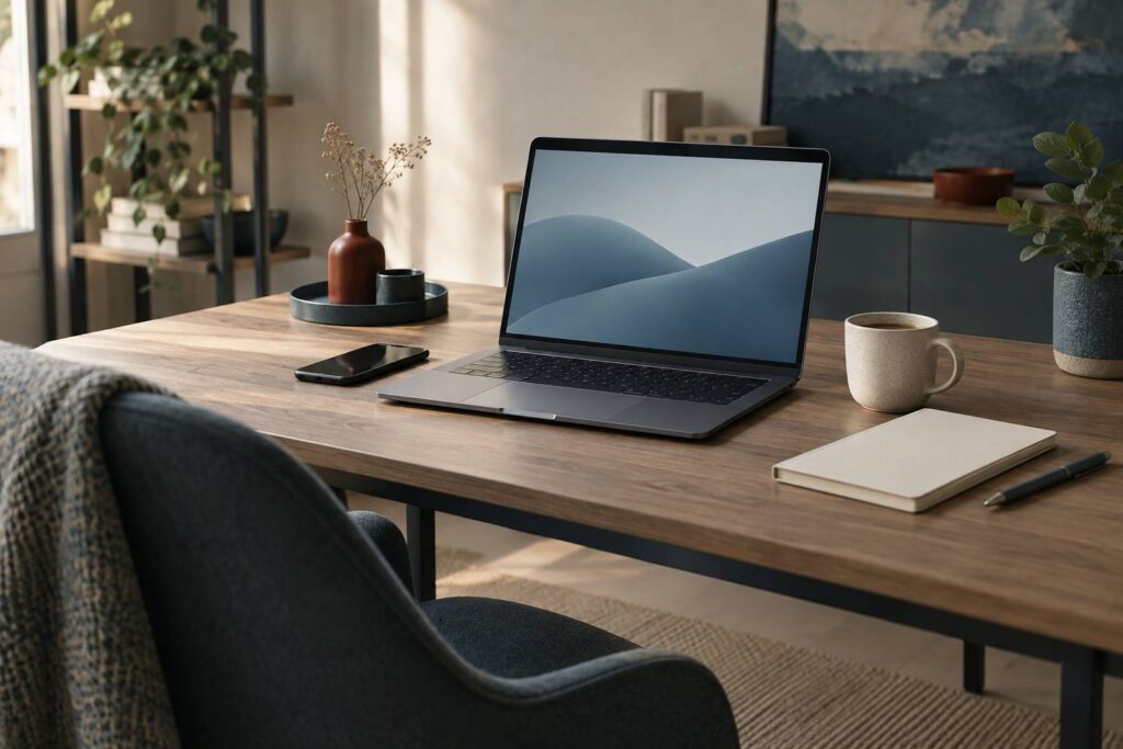 Ordinateur portable et telephone sur un bureau sobre