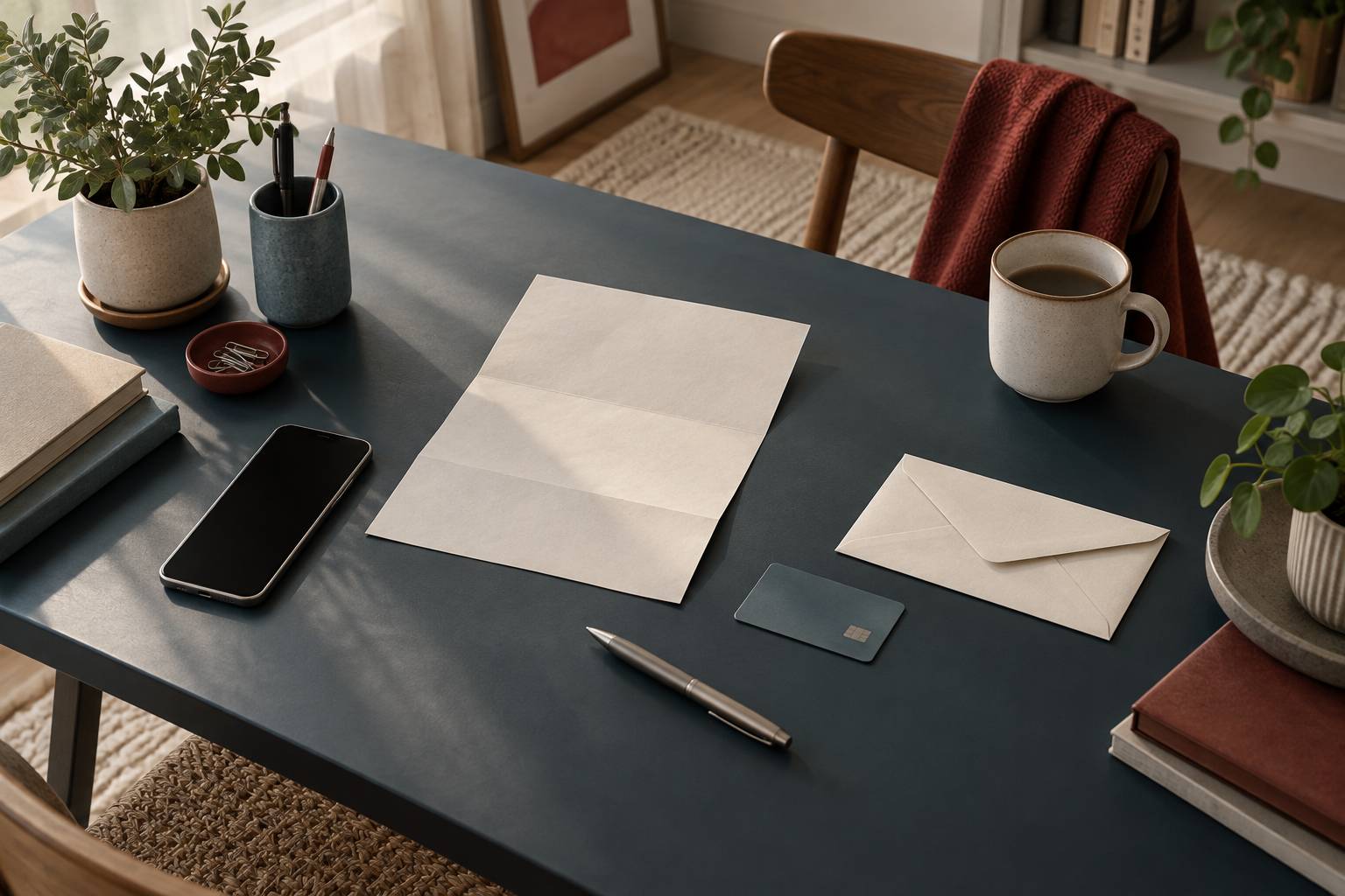Documents bancaires retournes, carte et telephone sur un bureau