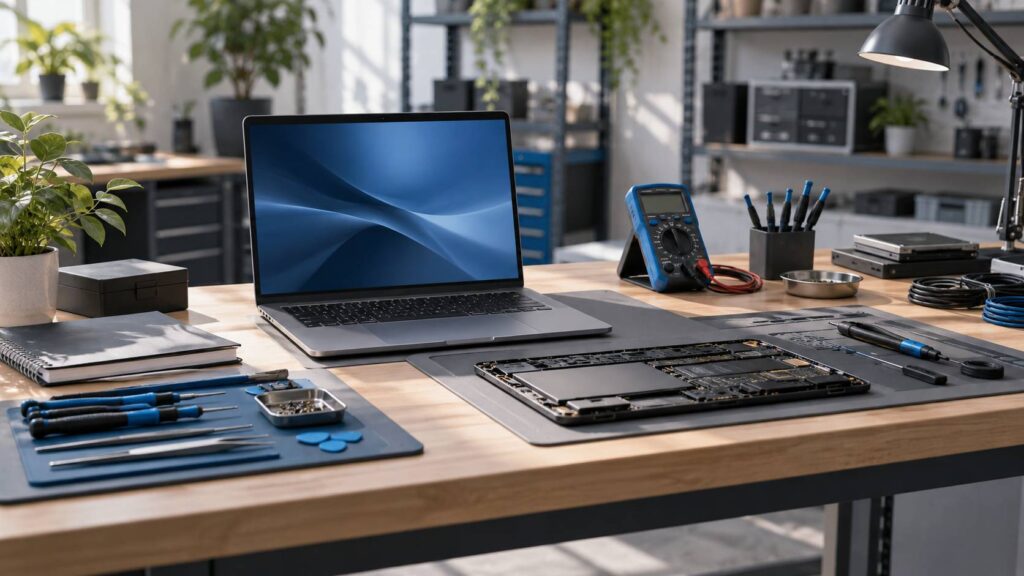 Atelier de réparation informatique avec ordinateur portable ouvert et outils de diagnostic