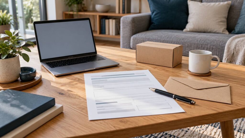 Contrat imprime, stylo et ordinateur portable sur une table de salon clair