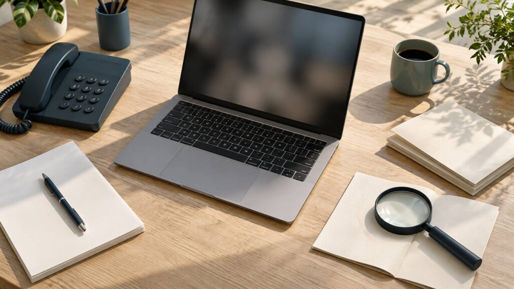 Ordinateur portable eteint avec pile de prospectus vierges et loupe sur un bureau en bois