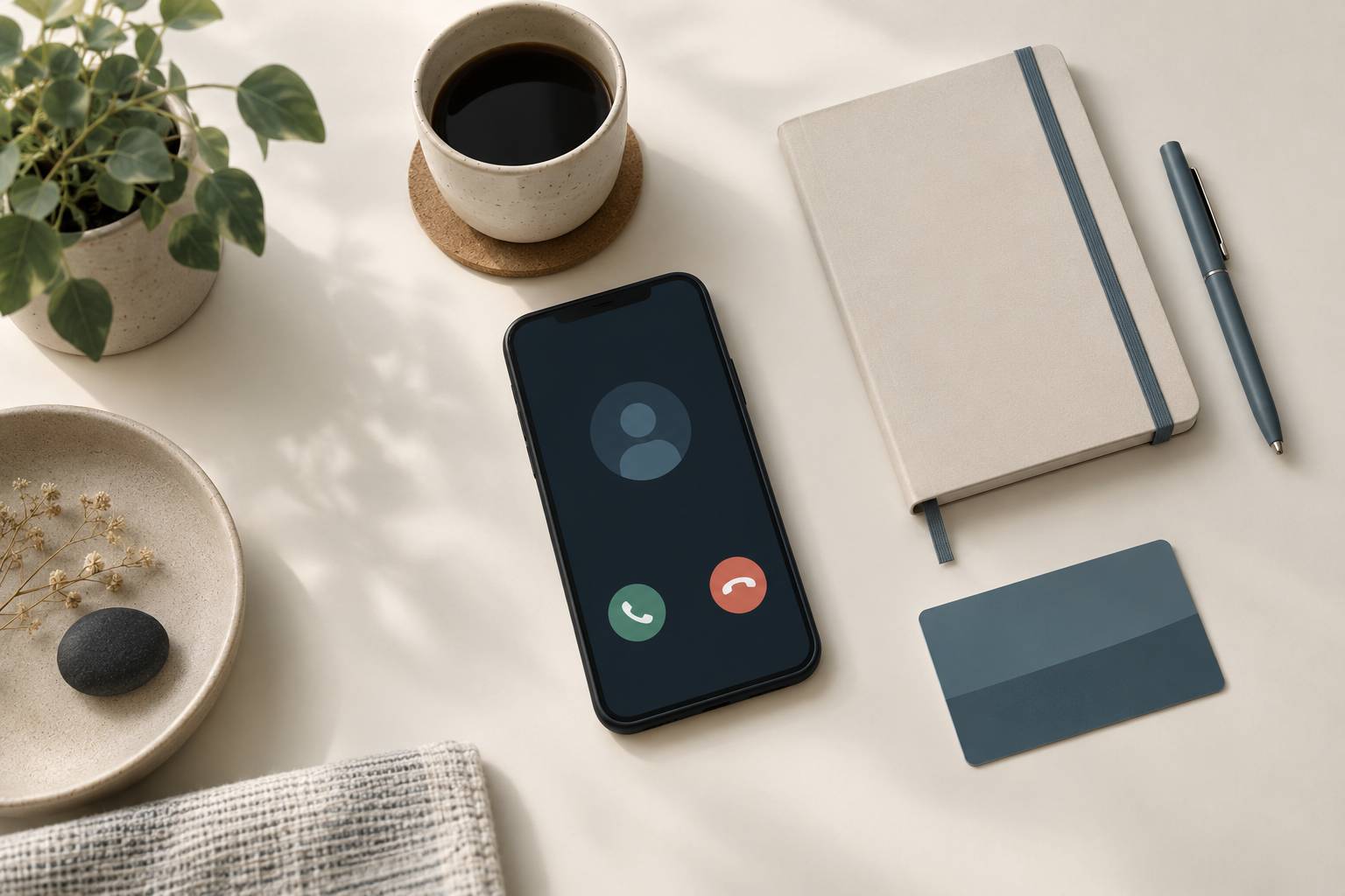 Telephone, carnet et carte prepayee neutre sur un bureau
