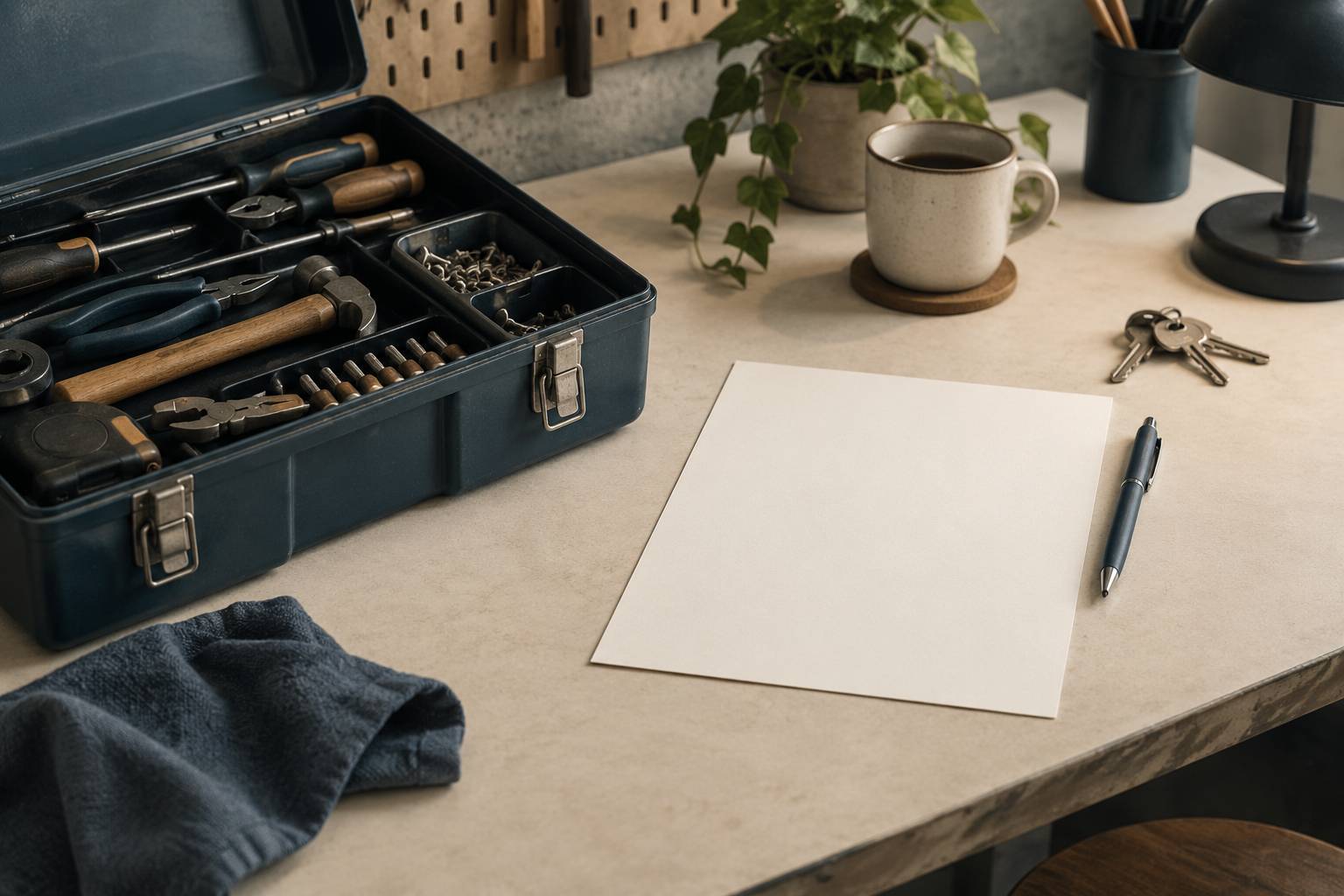 Boite a outils ouverte et feuillet vierge sur une table