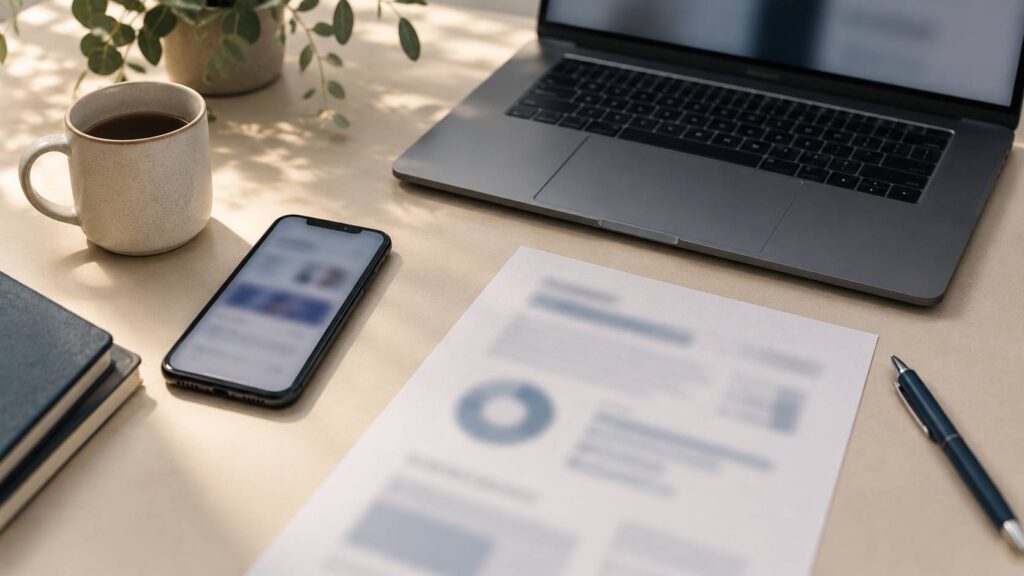 Smartphone à l'écran flouté près d'un ordinateur portable sur un bureau