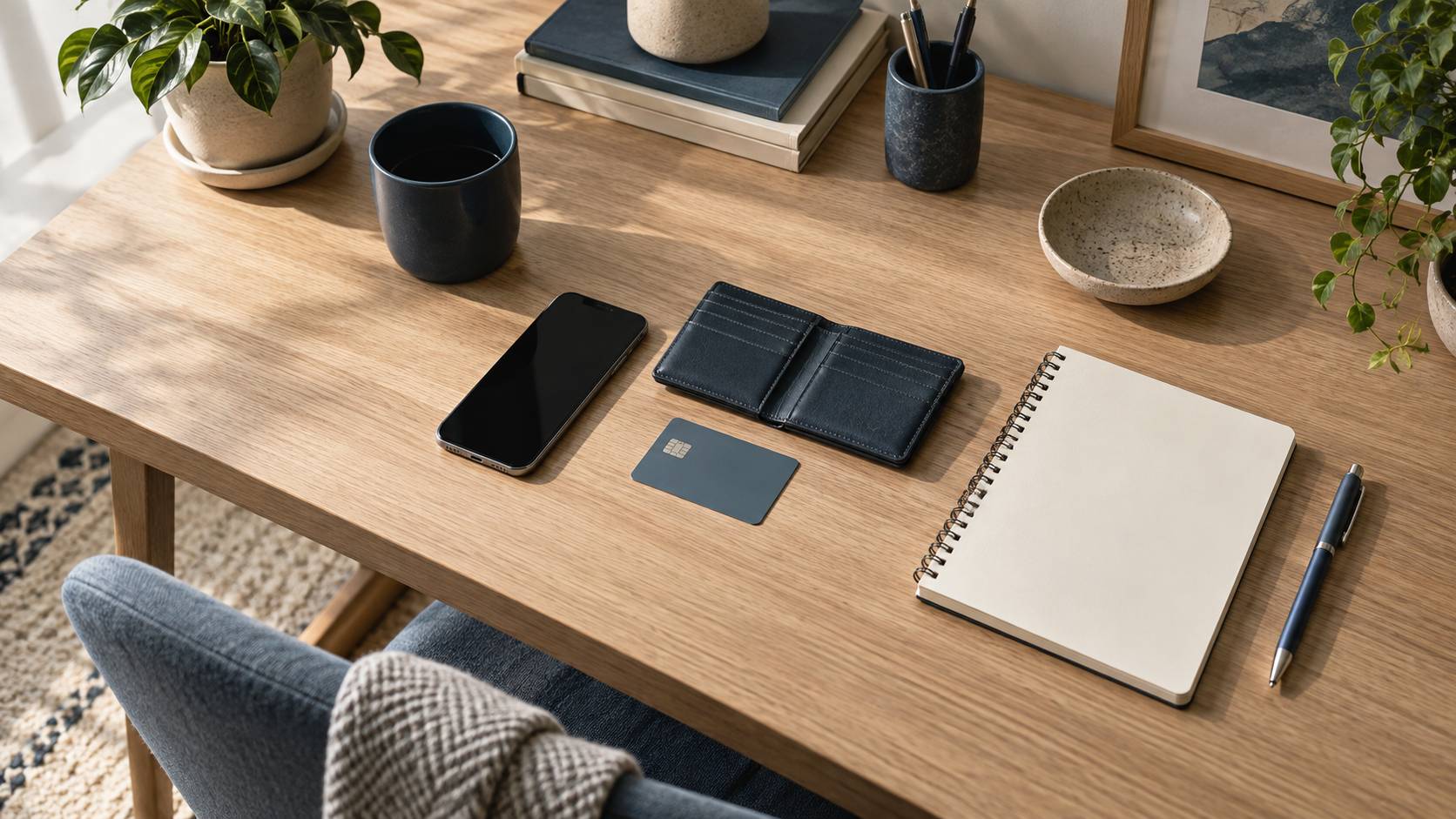 Bureau avec telephone, portefeuille et carte bancaire neutre sans logo