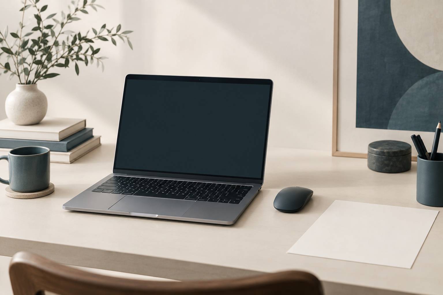 Gros plan sur un ordinateur portable a l'ecran sombre sur un bureau
