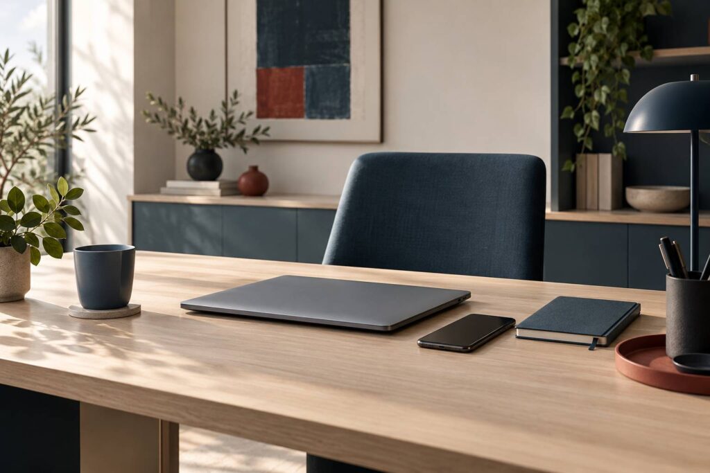 Bureau d'assistance avec ordinateur ferme, telephone et carnet