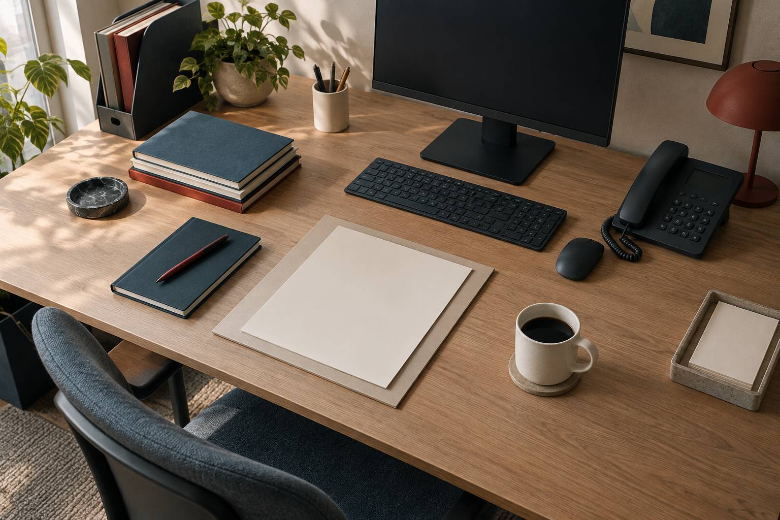 Bureau sobre avec telephone, clavier et carnets fermes