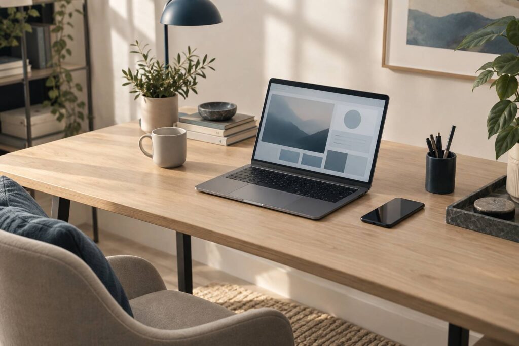 Ordinateur portable avec interface abstraite sur un bureau