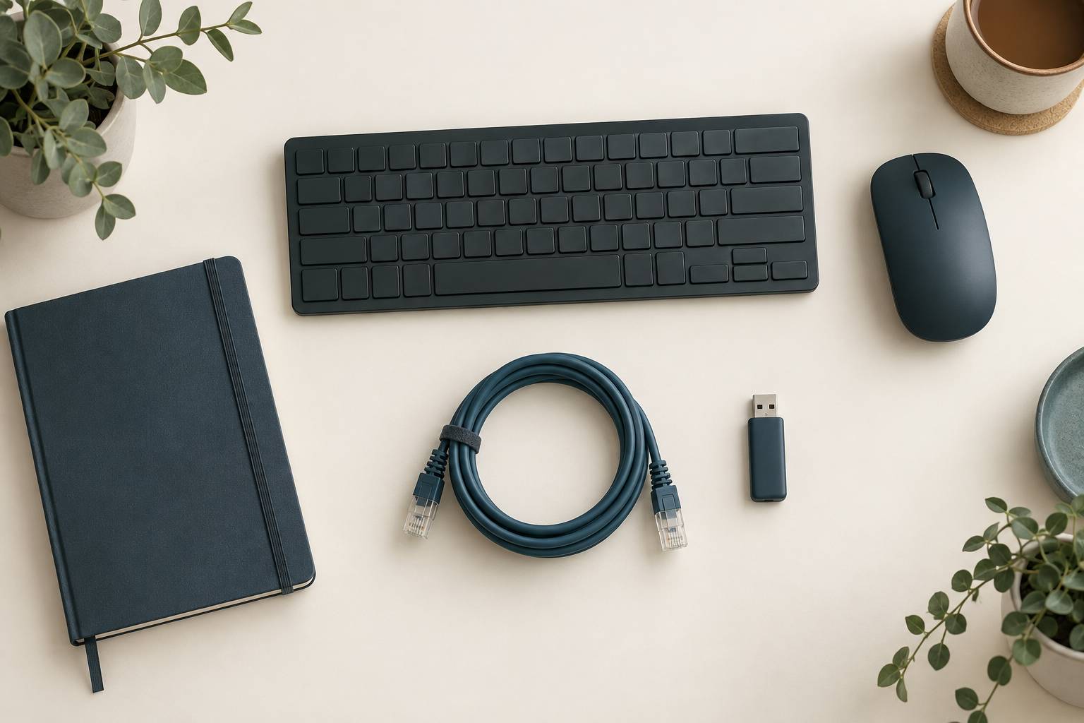 Clavier, souris et câble réseau sur un plan de bureau